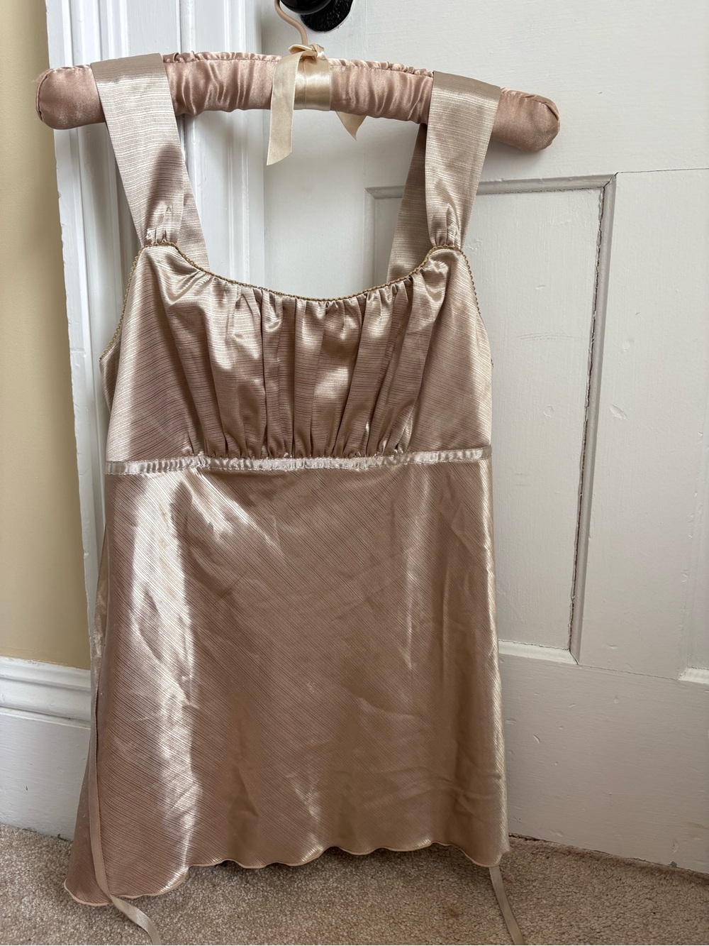 Iz Byer light gold satin ruched top with tie back